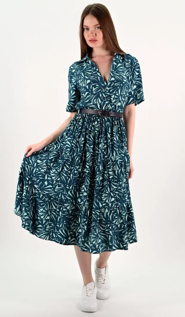 YESMOOI Midi Blousejurk met Bladprint en Ceintuur - S (36) - Petrolblauw