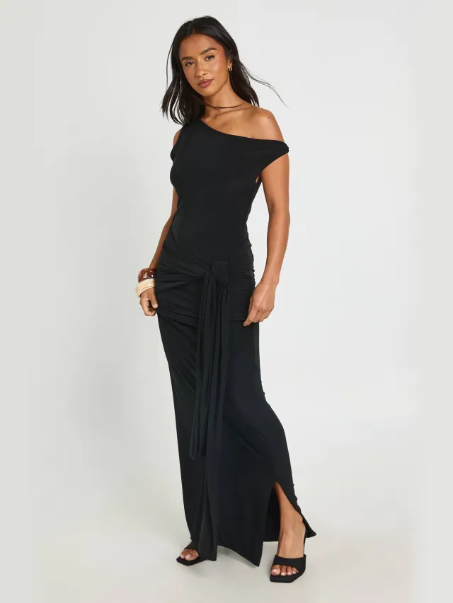 boohoo Dames Petite Slinky Maxi Jurk Met Twist Detail Zwart