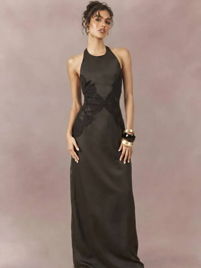 boohoo Dames Satijnen & Kanten Contourpaneel Maxi Jurk Zwart