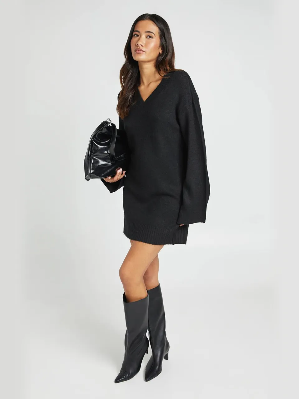 boohoo Dames Super Zachte V-hals Gebreide Mini Jurk zwart, foto 2