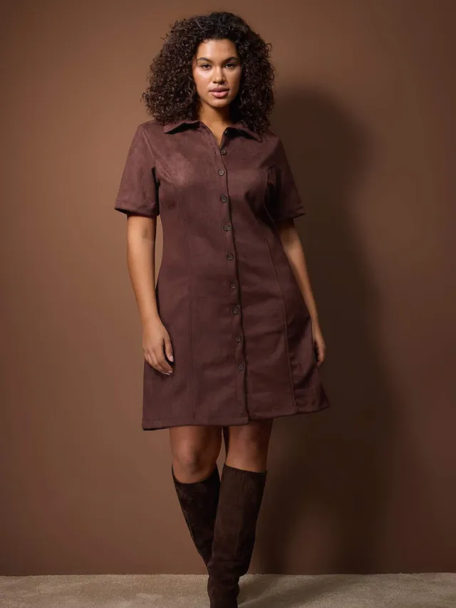 Trendyol Curve Dames Bruin Effen Kort / Mini Kort Casual A-lijn Grote maten Jurk Donkerbruin