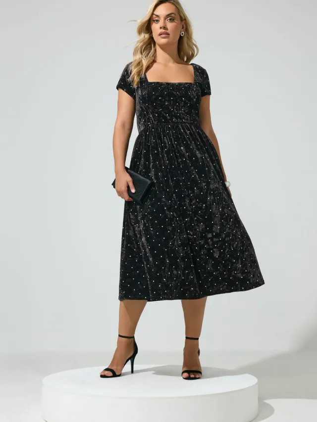 Yours London Yours Zwarte Skaterjurk Van Gekreukt Fluweel Met Glitterssize 40 Black