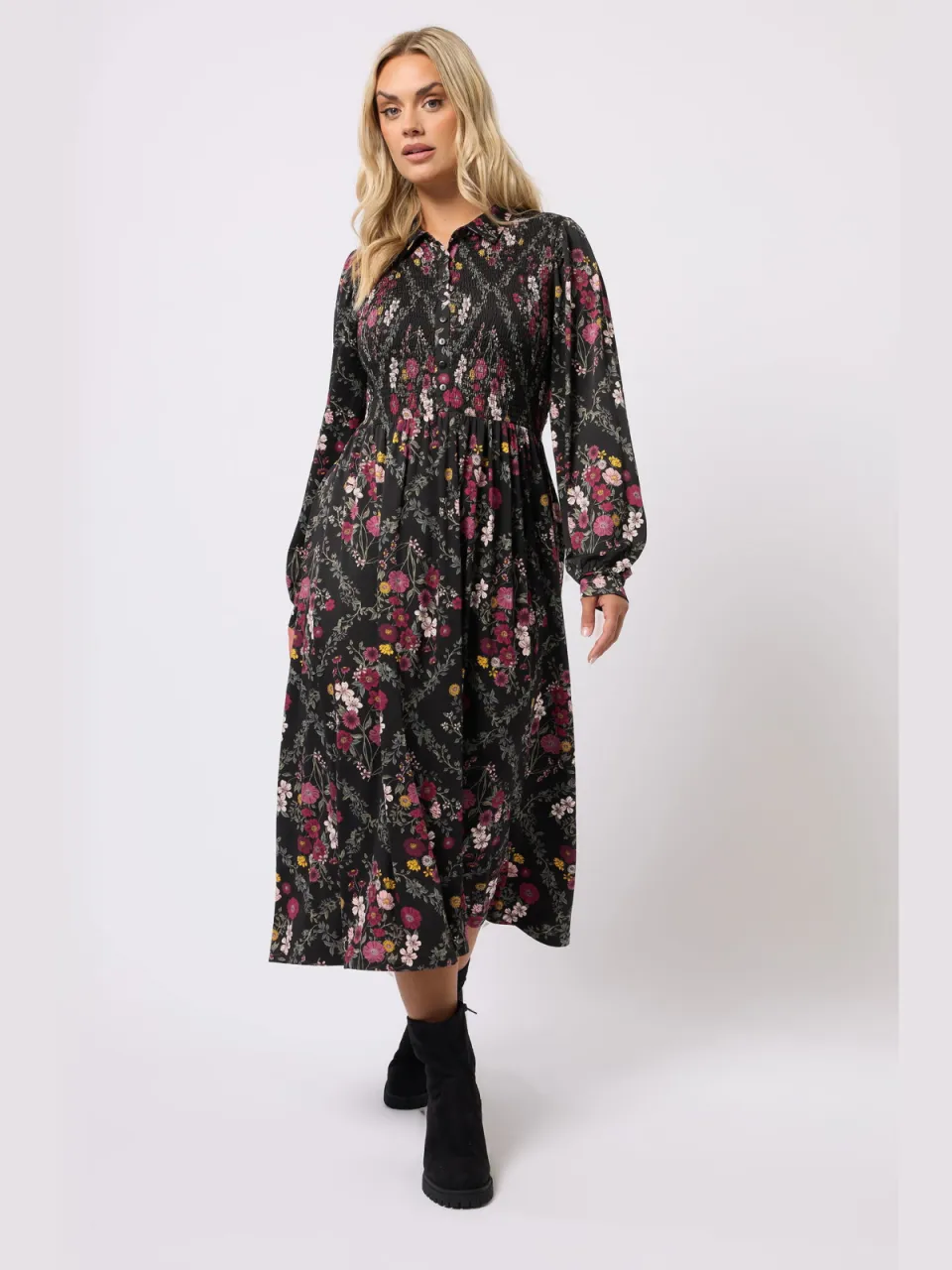 Yours Zwarte Gebloemde Gesmokte Shirtjurk-64 Black