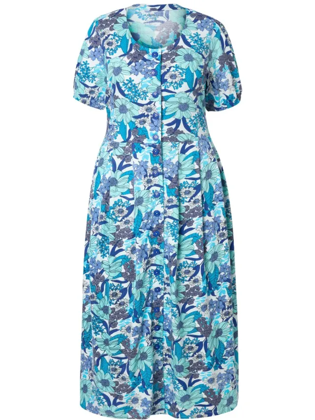 Ulla Popken Dames - Maxi jurk van jersey bloemen ronde hals korte mouwen - Marine