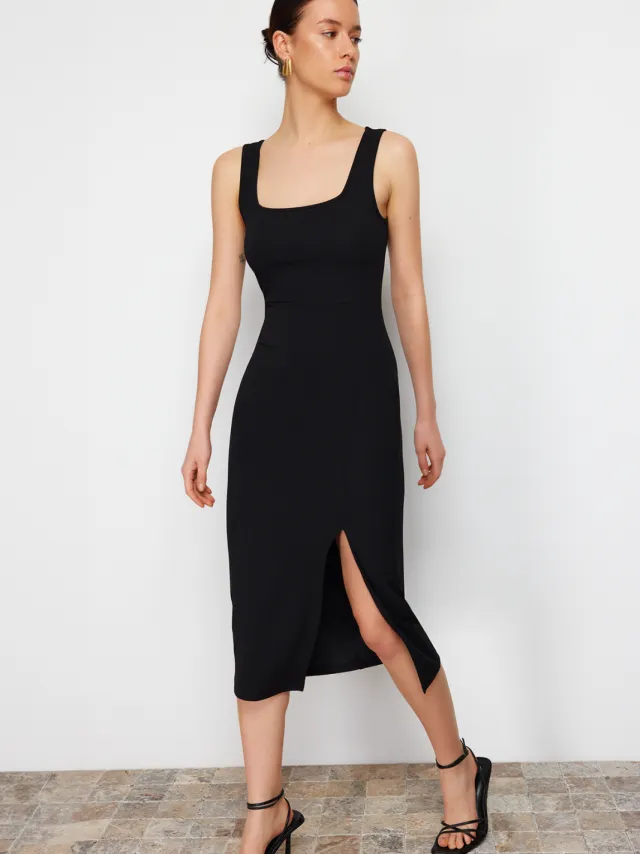 Trendyol TRENDYOLMİLLA Dames Zwart Effen Midi Mouwloos Avond / Dagelijks Bodycon Jurken