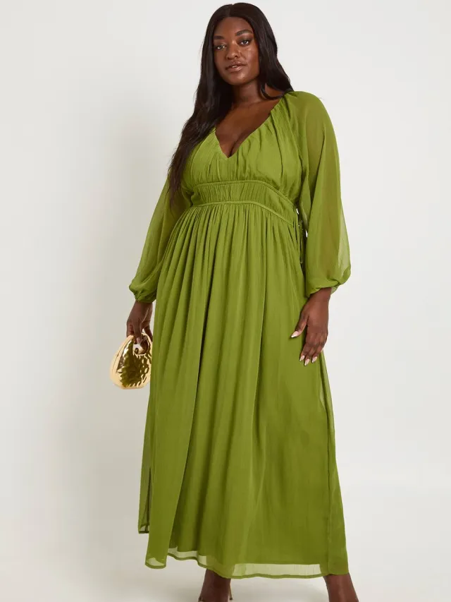 boohoo Dames Plus Chiffon Geplooide Blouson Mouw Maxi Jurk Olijf
