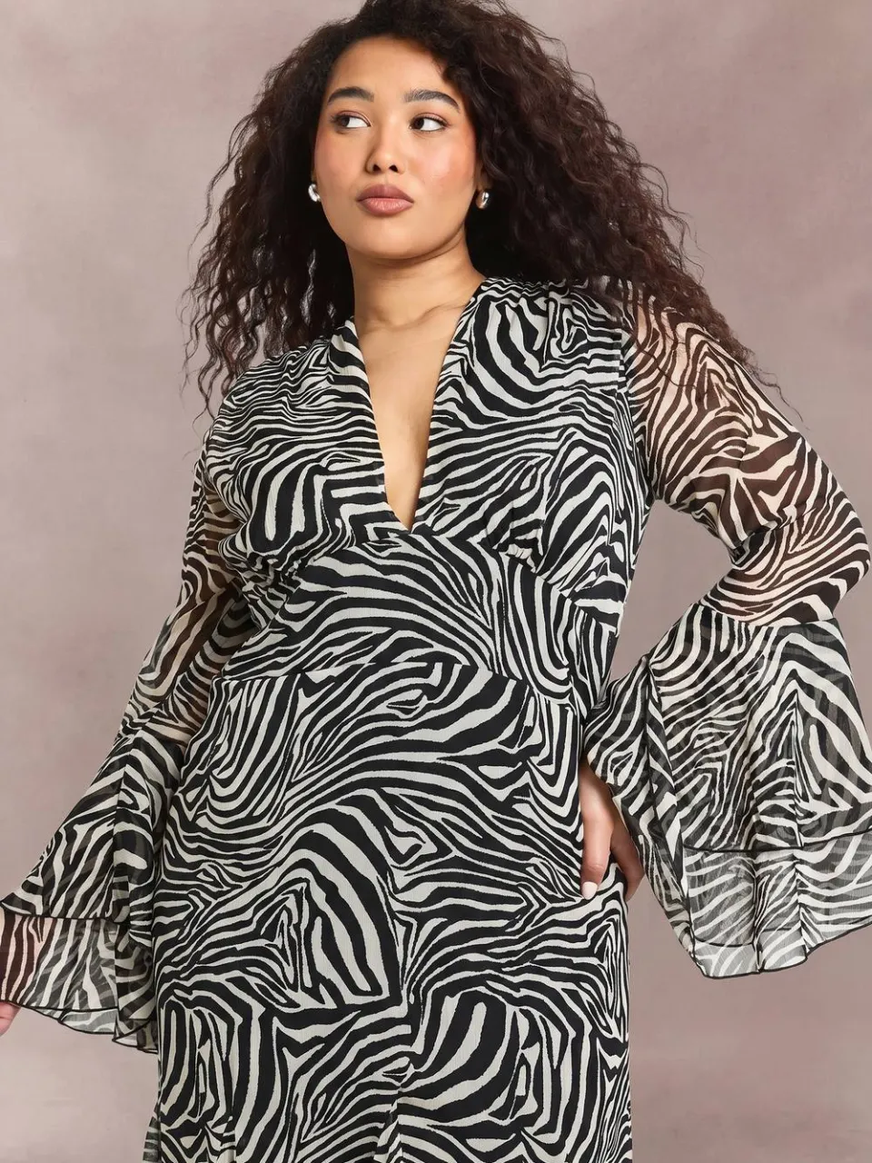 boohoo Dames Plus Zebra Uitlopende Manchet Godet Midaxi Skater Jurk zebraprint, foto 2