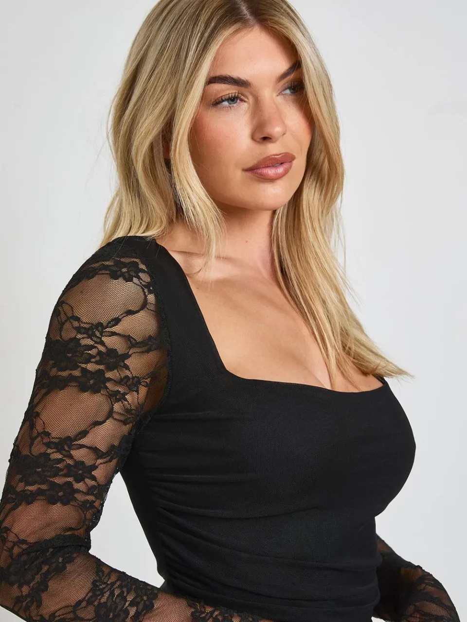 boohoo Dames Kanten Mouw Vierkante Hals Bodycon Jurk zwart, foto 4