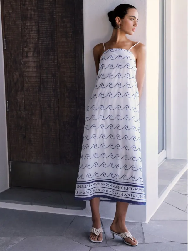 Next Dames - Midi-jurk met vierkante halslijn en veel linnen - Wit White/Blue Embroidered Greek Print
