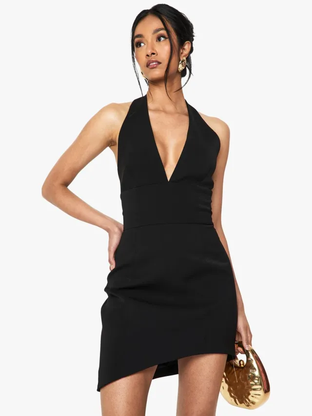 boohoo Dames Halterneck Getailleerde Asymmetrische Mini-Jurk Zwart