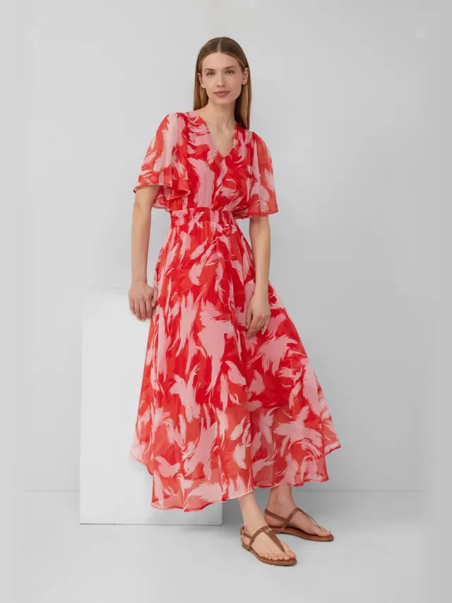 S.Oliver female - Maxi-jurk van chiffon met gesmokte taille rode bosbes