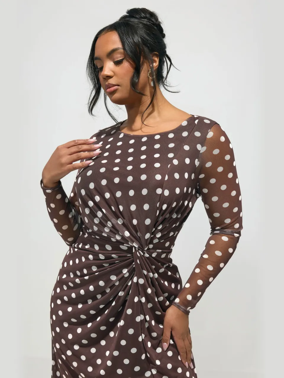 Yours London Chocoladebruine Jurk Met Polkastippen En Knoop Size Petite > 38, foto 2