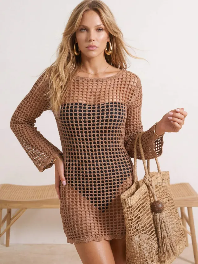 Trendyol TRENDYOLMİLLA Dames Bruin Ajour Kort / Mini Lang Strandkleding Recht Jurken Taupe