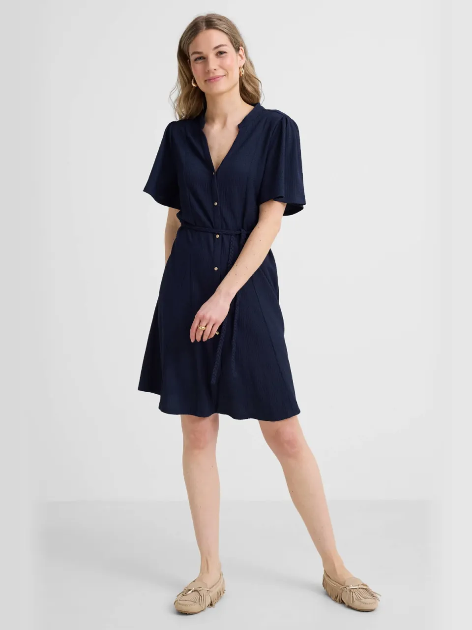 Anytime jurk met textuur en ceintuur donkerblauw, foto 4