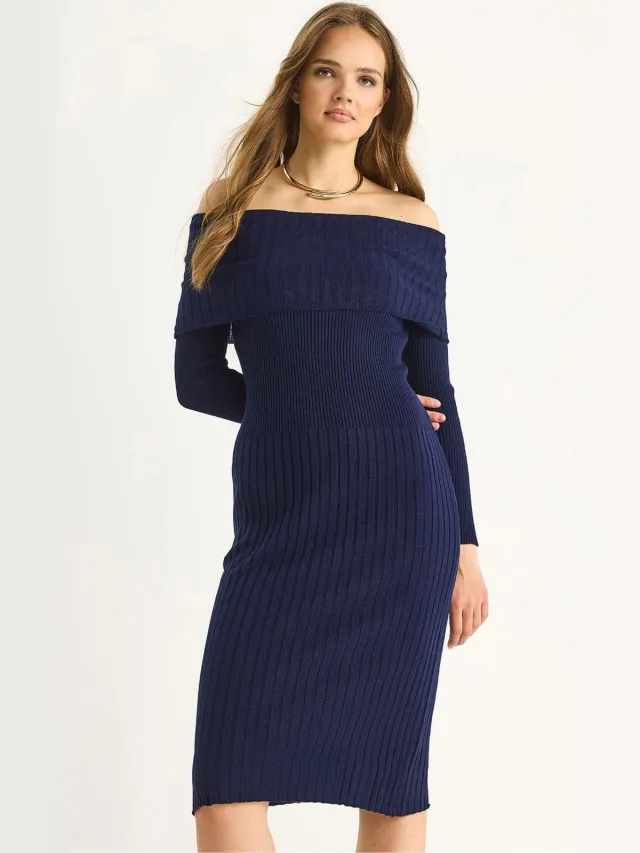 Bianco Lucci Geribbelde Midi-jurk marineblauw, foto 2