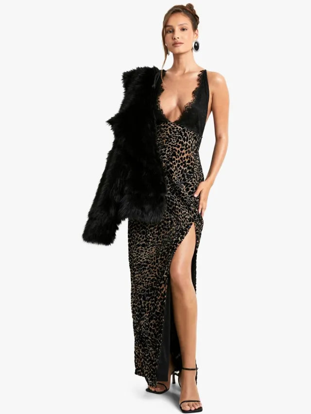 boohoo Dames Leopard Devore Maxi-jurk met kanten bies Bruin