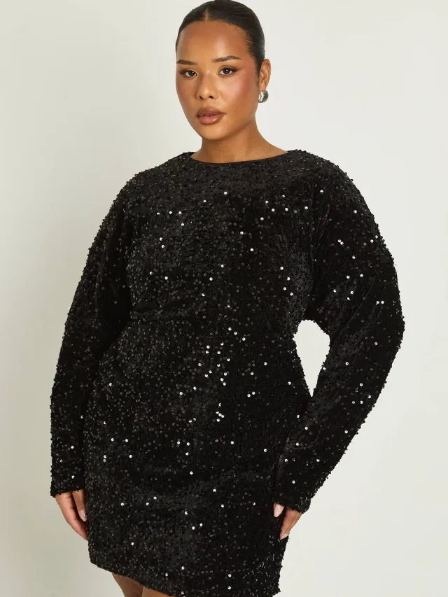 boohoo Dames Plus pailletten batwing-shiftjurk zwart, foto 3