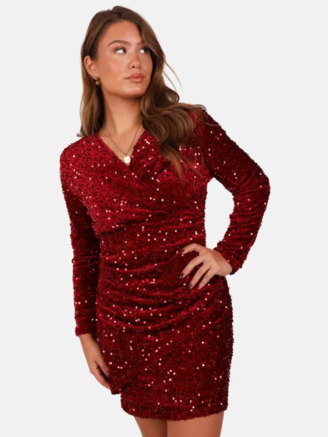 Getdrezzed Jurk met pailletten en v hals bordeaux