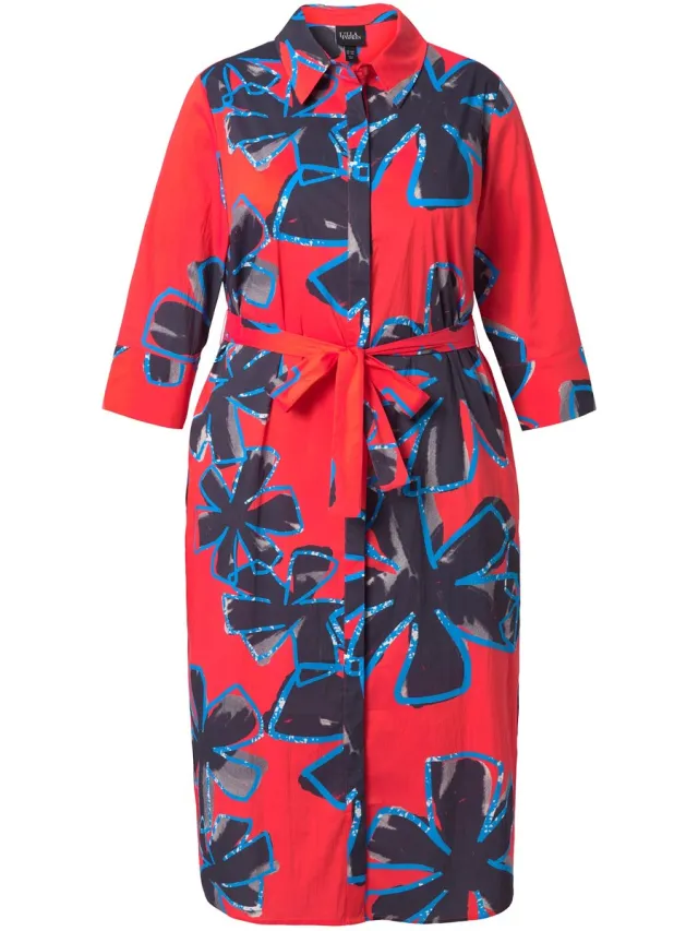Ulla Popken Dames - Midi-jurk met overhemdblouse bloemen A-lijn 3/4-mouwen - Paprikarood - Maat 58+