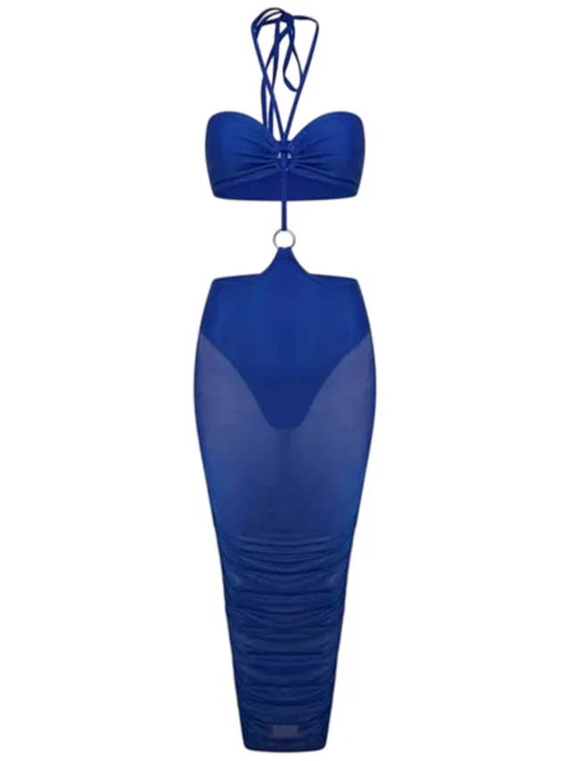 Honeyz Midi-jurk met halternek en mesh-details voor dames, met strakke pasvorm (Blauw)