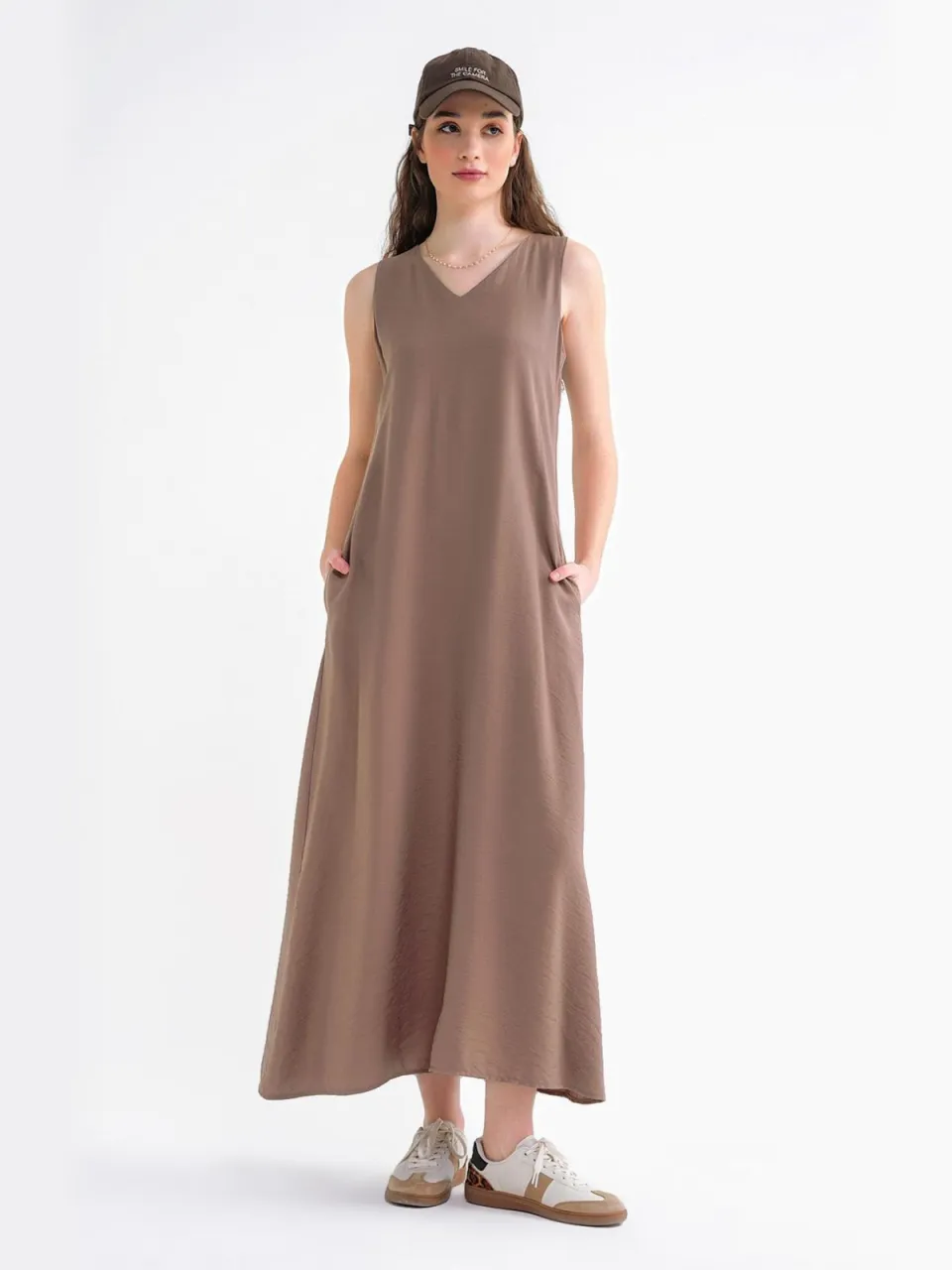 Mixray V-hals Mouwloze Maxi-Jurk met Zakken mokka, foto 2