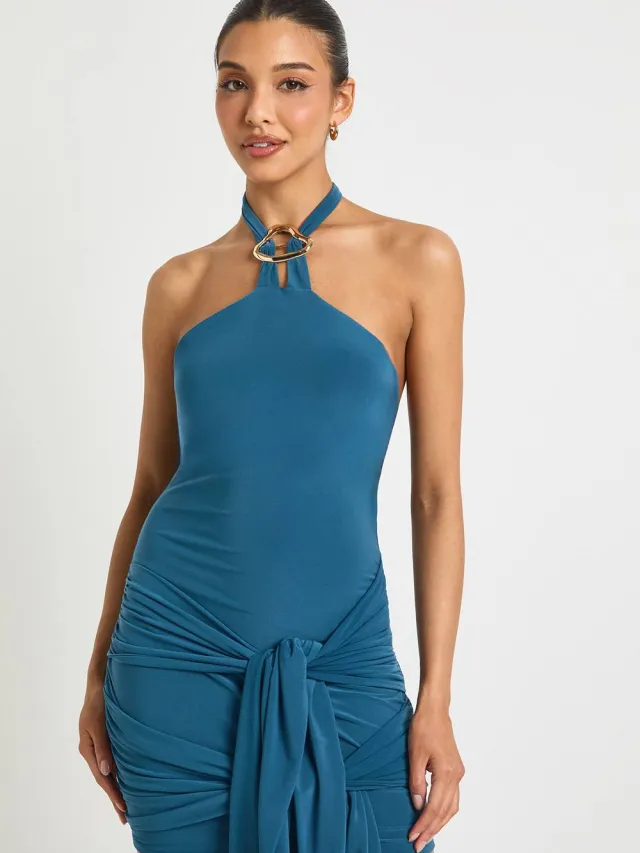 boohoo Dames Mini-jurk met halterneck en strikdetail groenblauw, foto 2