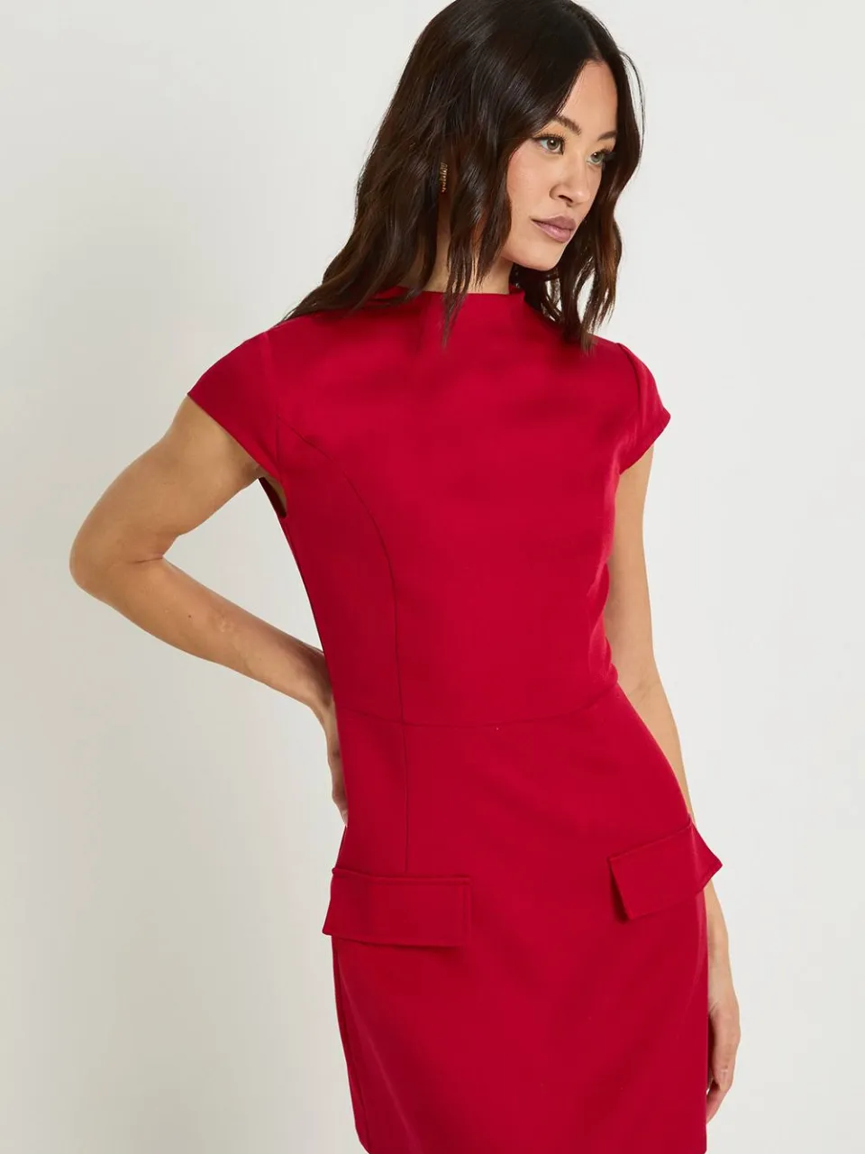 boohoo Dames Lange hoge halslijn gestructureerde op maat gemaakte mini-jurk dark cherry, foto 3