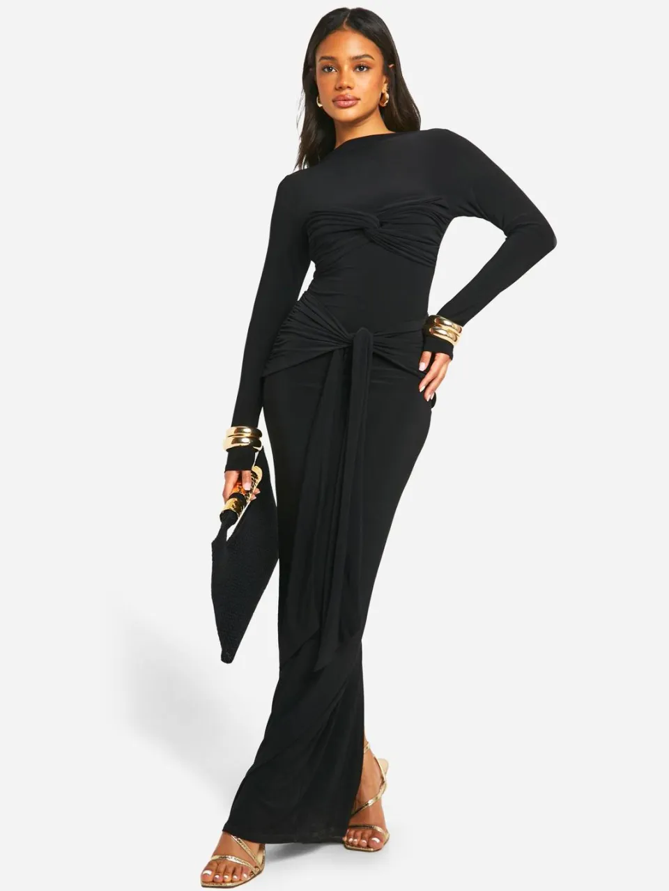boohoo Dames Geruched Twist Detail Maxi-jurk zwart, foto 2