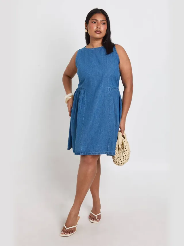 boohoo Dames Plus Chambray Mini Skater Jurk Medium Gebleekt