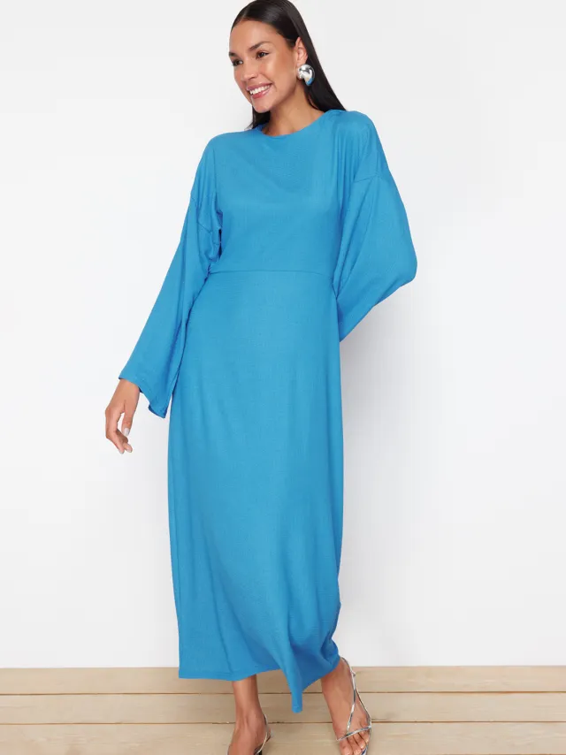 Trendyol Modest Dames Blauw Maxi Lang Casual Skater Modest Jurken Kobaltblauw