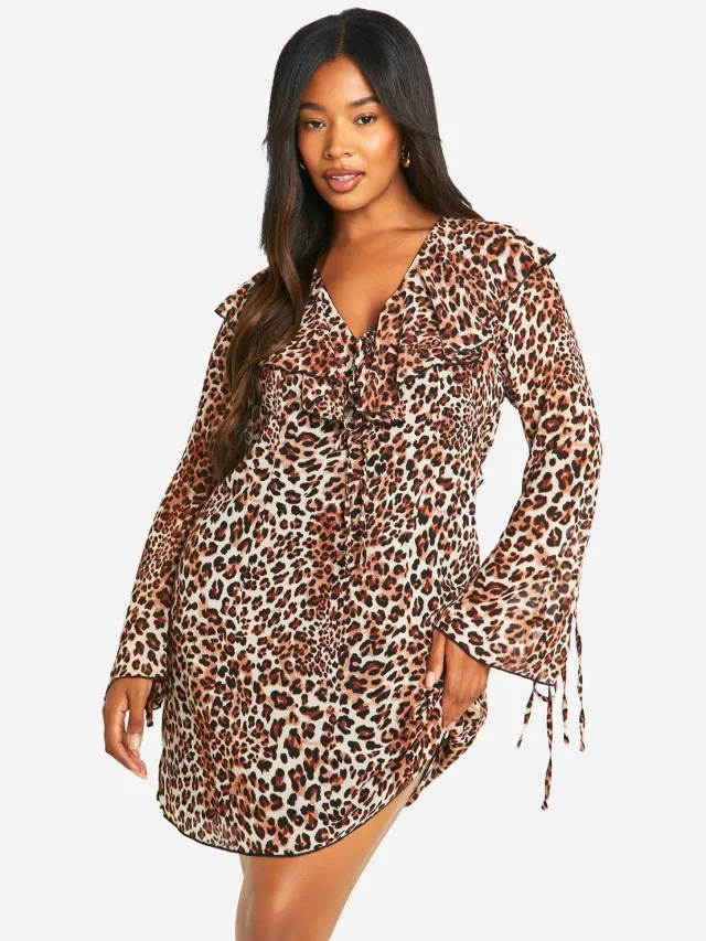 boohoo Dames Plus Woven Leopard Ruffle Shift Jurk Luipaardprint