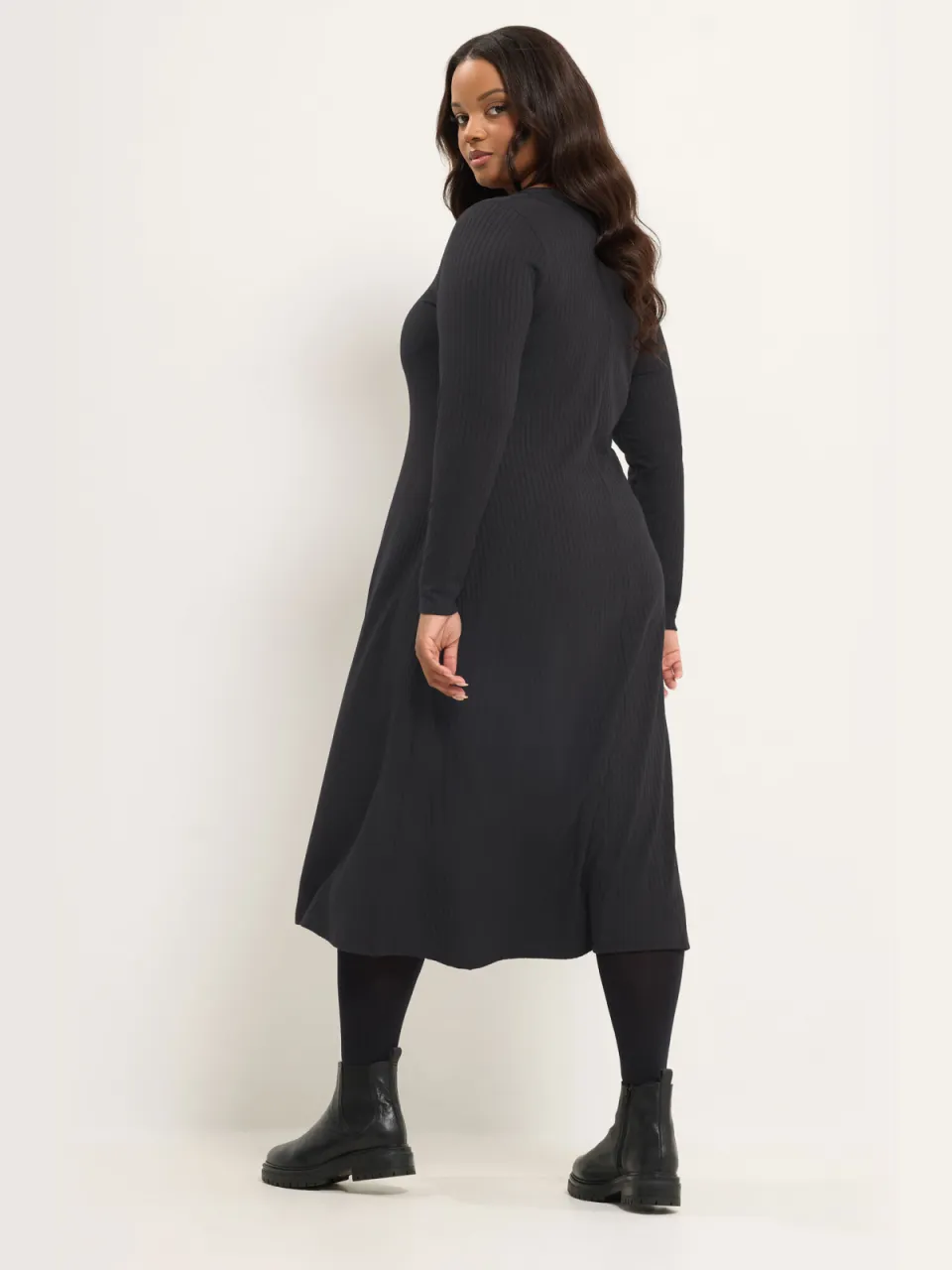 Yours Zwarte Geribbelde Henley Jurk, foto 4