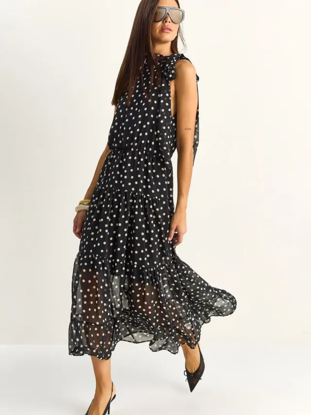 Bianco Lucci Pruik met halterkraag in polkadots midi jurk Zwart
