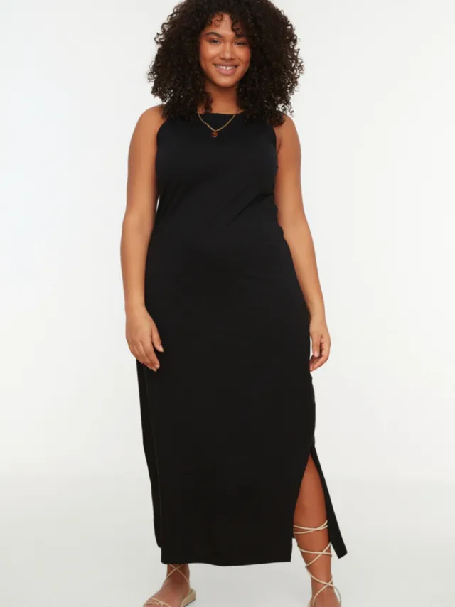Trendyol Curve Dames Zwart Effen Maxi Mouwloos Casual Recht Grote maten Jurk