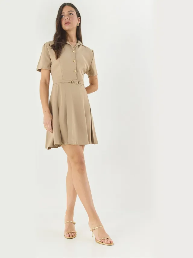 Bianco Lucci Midi Overhemdjurk met Kraag Beige