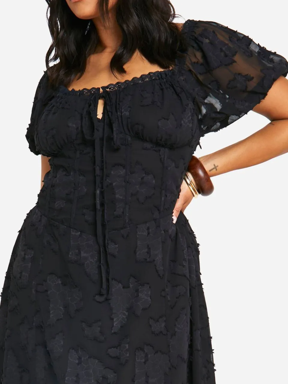 boohoo Dames Plus Burnout Milkmaid Midi Jurk zwart, foto 2