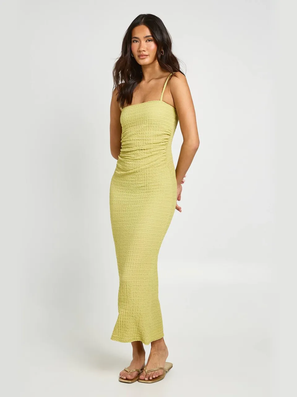 boohoo Dames Getextureerde Midaxijurk Met Geplooid Middel limoen, foto 3