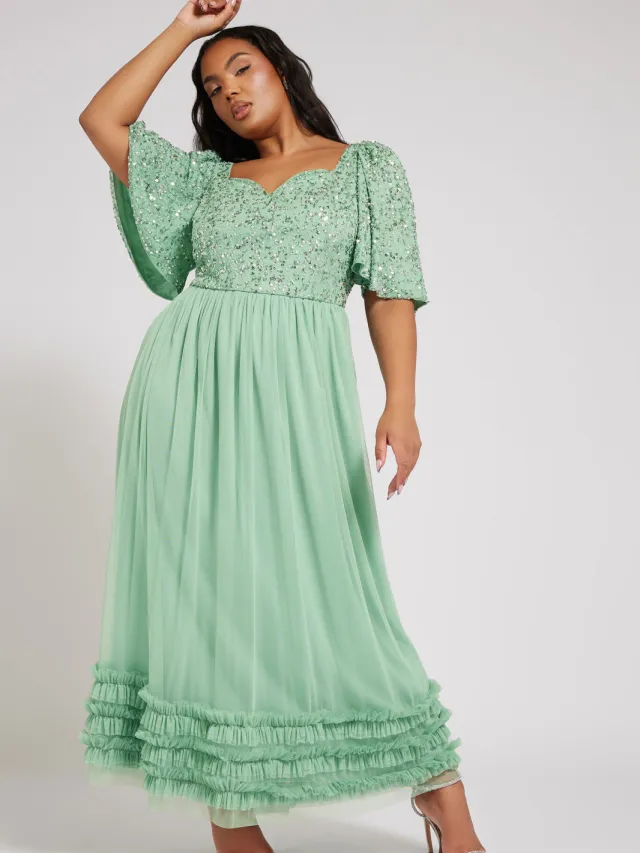 Luxe: Ultimate Embellishment Luxe Maxi Jurk Met Paillettenversiering En Ruches Langs De Zoom In Saliegroensize 48 Green