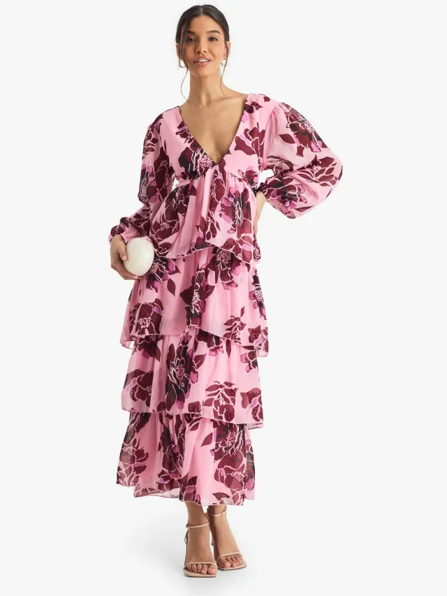 boohoo Dames Bloemen Chiffon Diepe V-hals Ruffle Midaxi Jurk Schemerig Roze