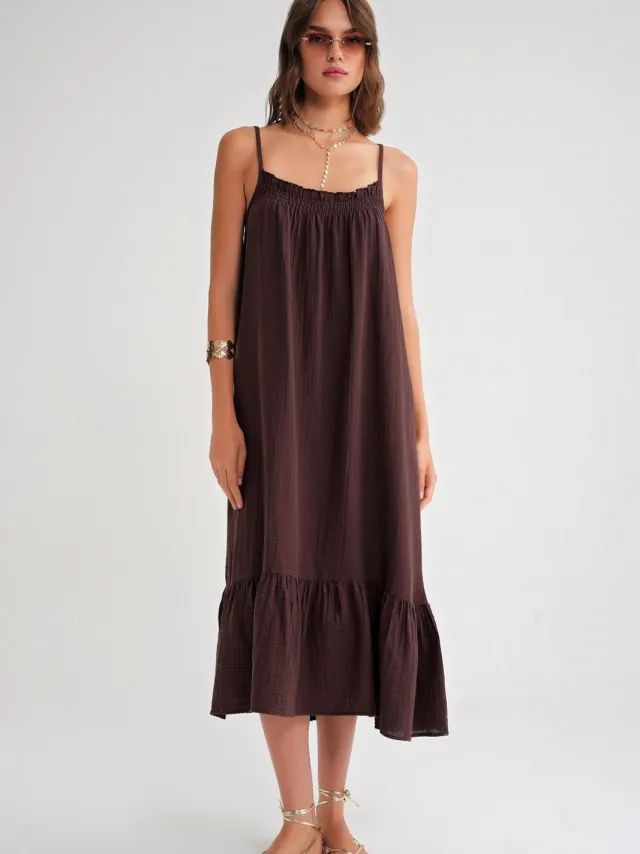 Mixray Midi Mousseline Jurk met Rimpeldetail Bruin