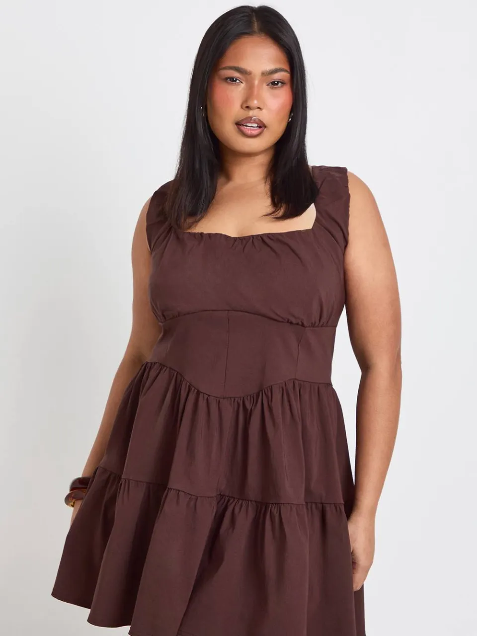 boohoo Dames Plus Bengaline Mini-jurk Met Vierkante Hals chocoladebruin, foto 3