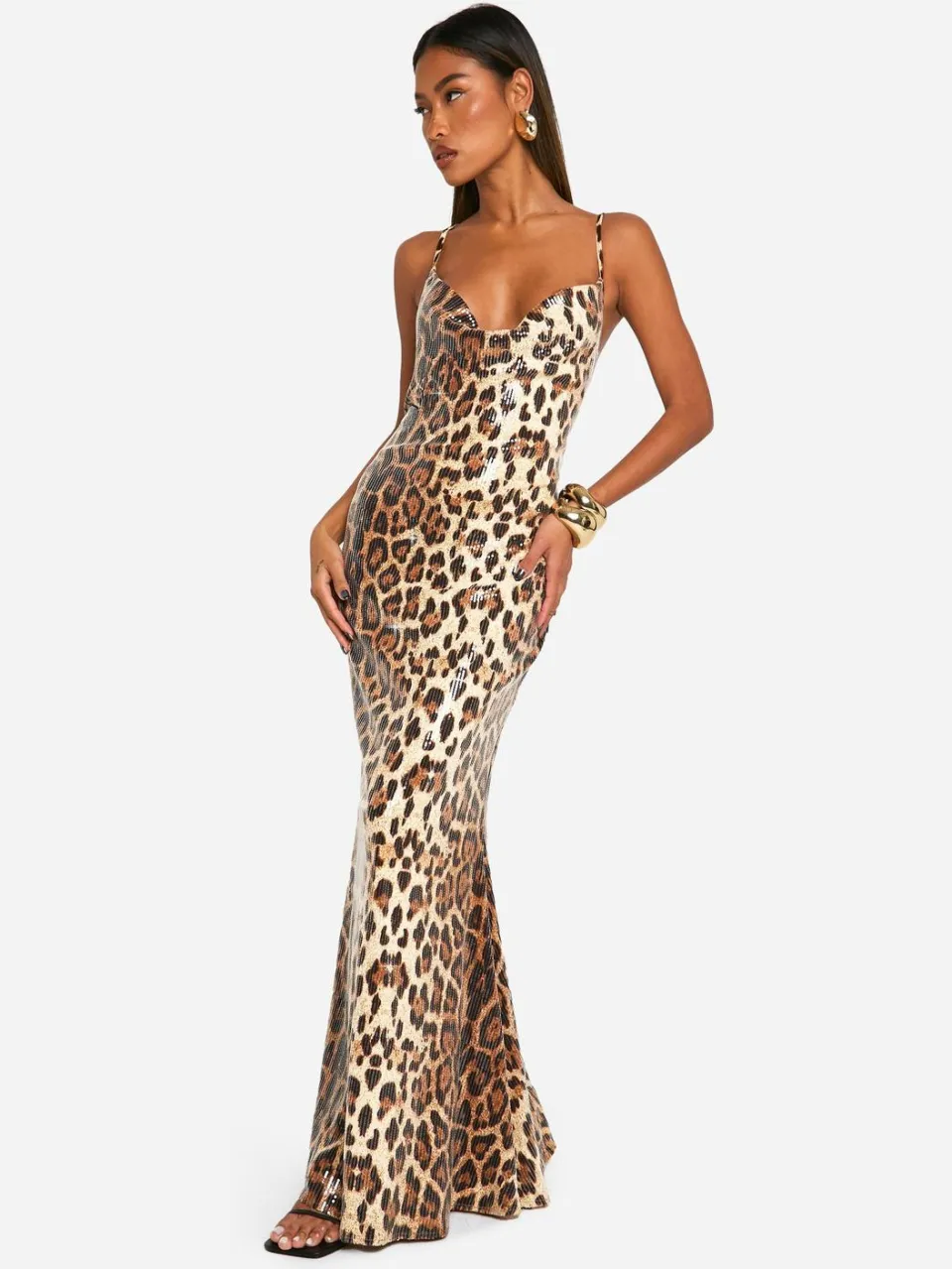 boohoo Dames Cowl Neck Luipaard Sequin Maxi Jurk bruin, foto 3