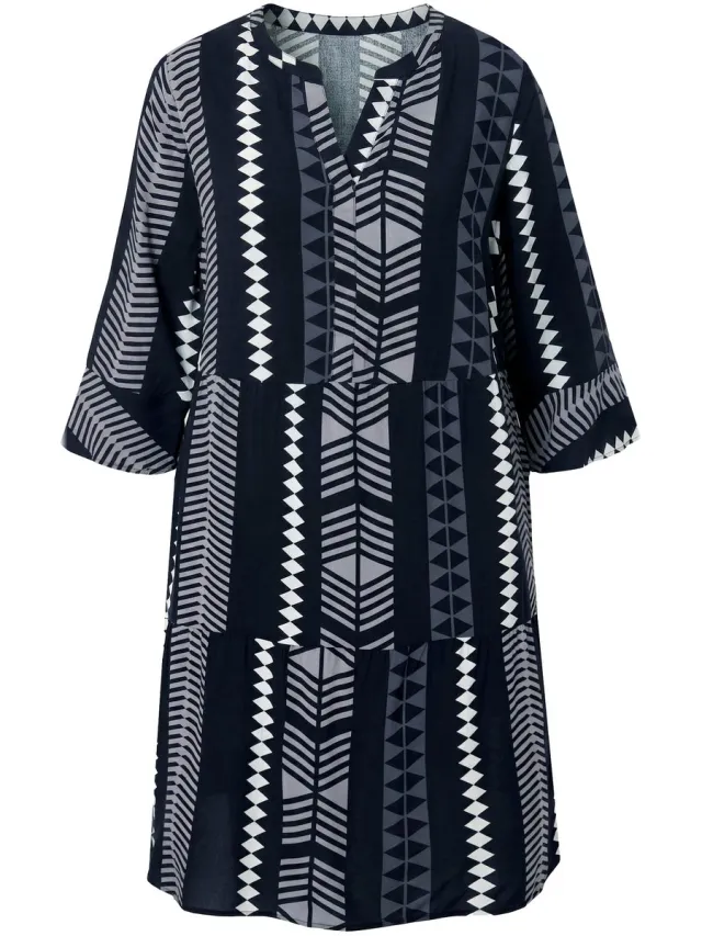 Ulla Popken Dames - Jurk grafische print tuniekhals 3/4-mouwen - Zwart - Maat 50+