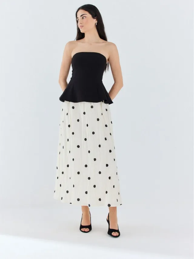Next Dames - 2-in-1 maxi-feestjurk met bandeaumodel - Zwart Black/Ecru Polka Dot