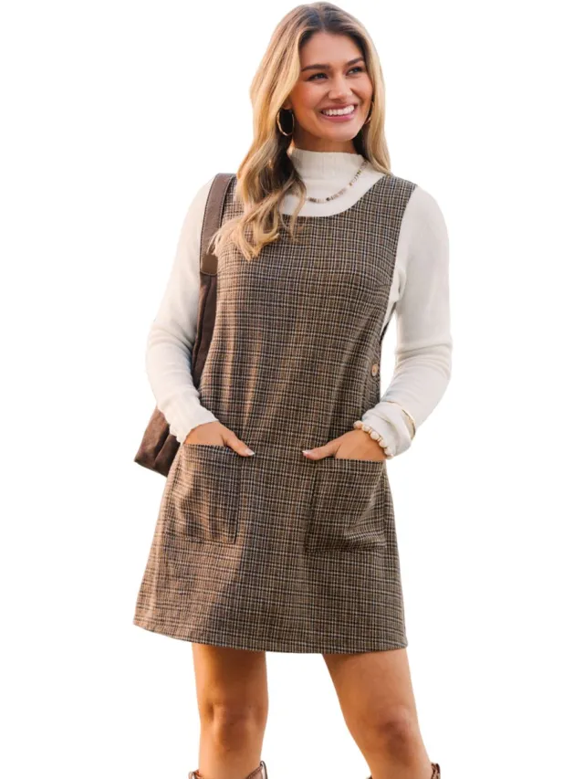 Cupshe Pinaforejurk - Geruit - Mouwloos - Mini - Dames - Bruin