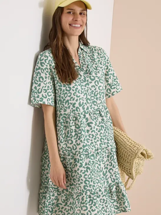 cecil Knielange jurk van linnenmix met print Beige