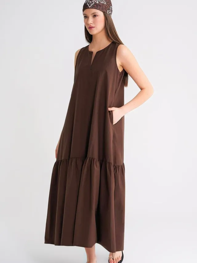 Mixray Maxi-jurk met Kraag en Ruffle-details Bruin