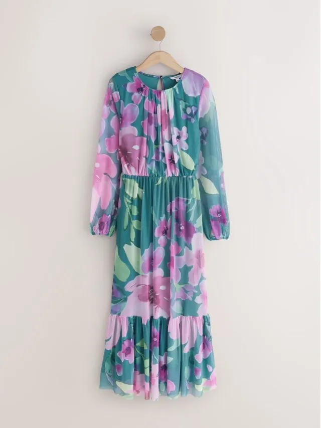 Next Dames - Lange mesh jurk met lange mouwen - Groen Green Floral