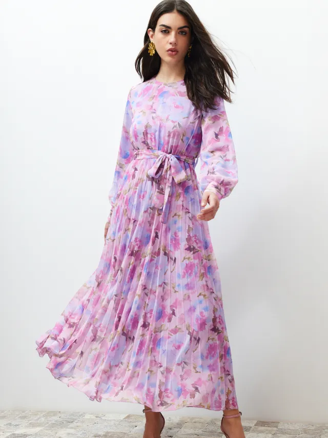 Trendyol Modest Dames Roze Bloemen Maxi Lang Casual A-lijn Modest Jurken