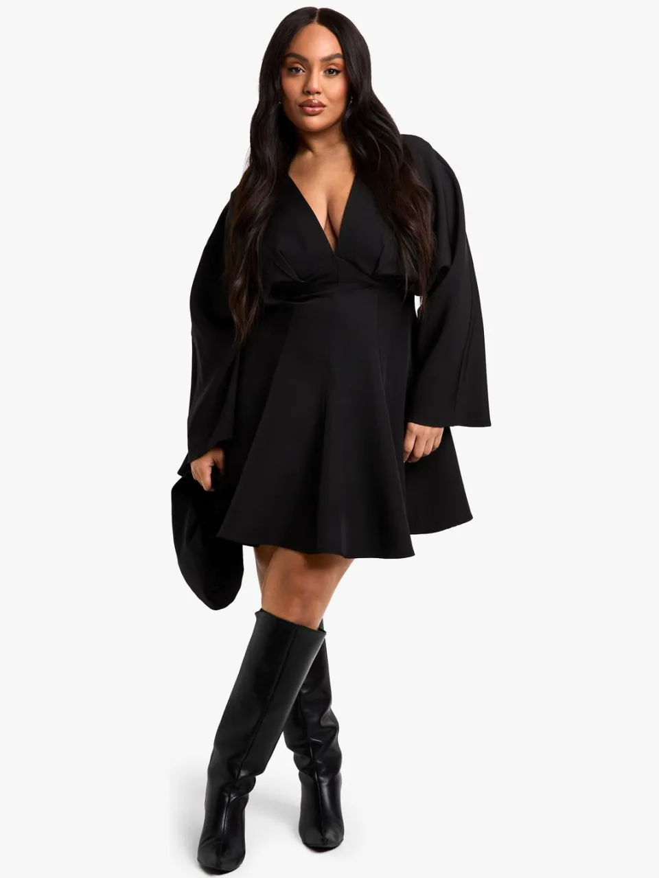 boohoo Dames Plus Geplooirde Rok, Lange Mouw Skaterjurk zwart, foto 3